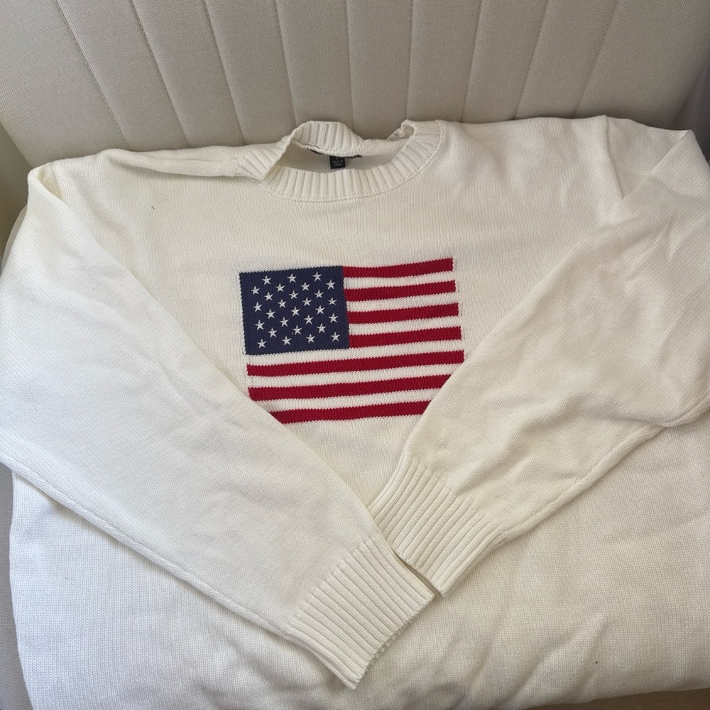 Harper White Crewneck Sweater with Flag Motif